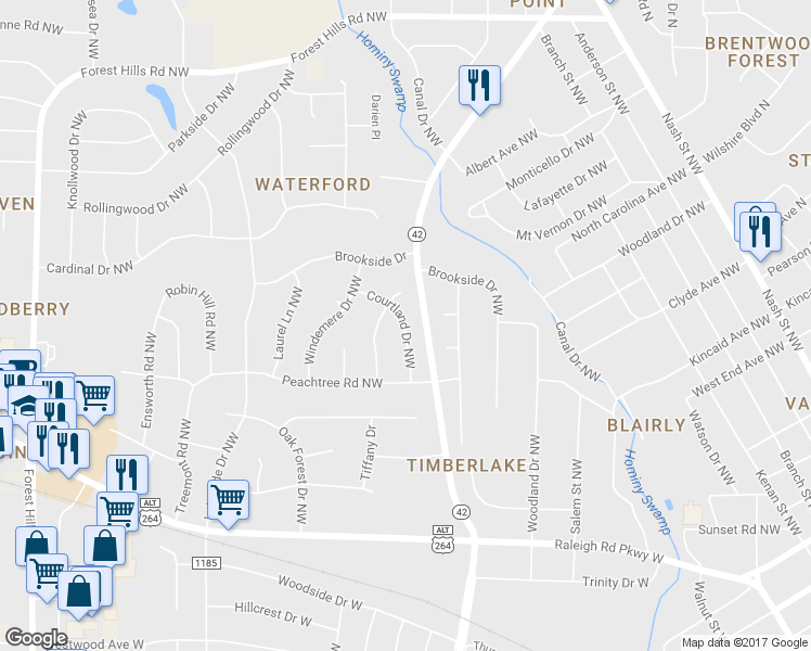 map of restaurants, bars, coffee shops, grocery stores, and more near 1111 Courtland Drive Northwest in Wilson
