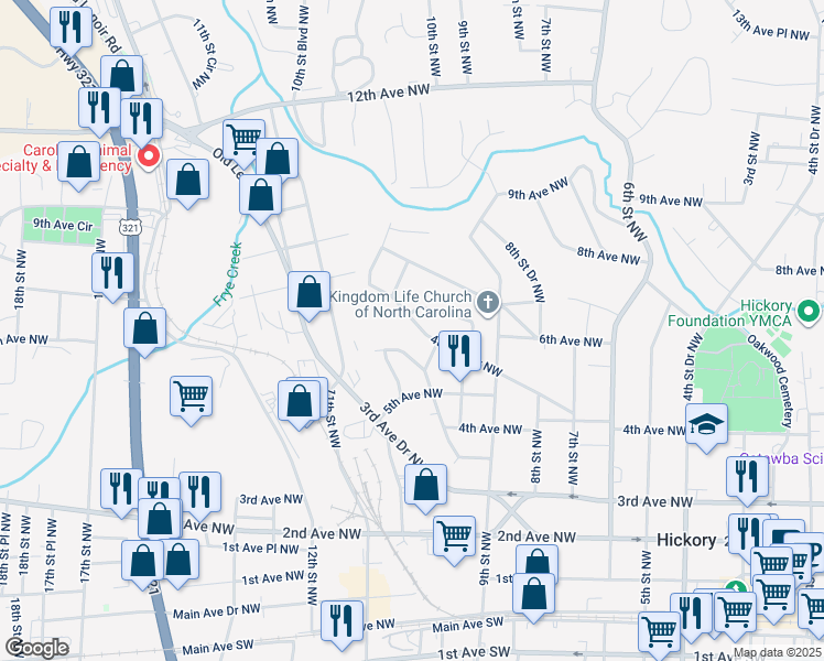 map of restaurants, bars, coffee shops, grocery stores, and more near 1063 4th Avenue Drive Northwest in Hickory