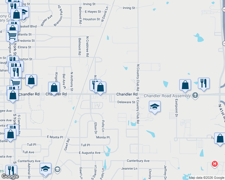 map of restaurants, bars, coffee shops, grocery stores, and more near 3509 Chandler Road in Muskogee