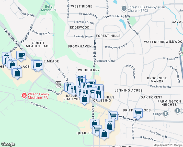 map of restaurants, bars, coffee shops, grocery stores, and more near 1309 Forest Hills Road Northwest in Wilson