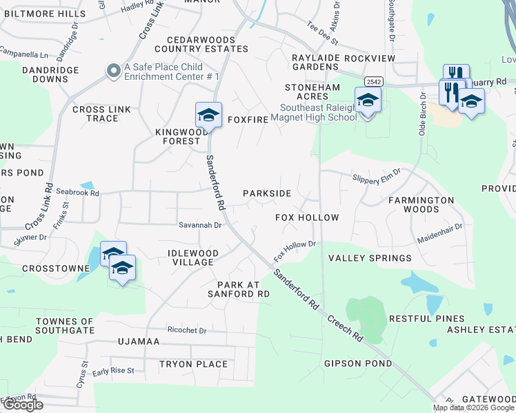 map of restaurants, bars, coffee shops, grocery stores, and more near 1709 Calypso Court in Raleigh