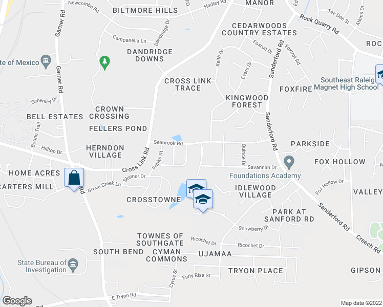 map of restaurants, bars, coffee shops, grocery stores, and more near 2900 Newark Drive in Raleigh
