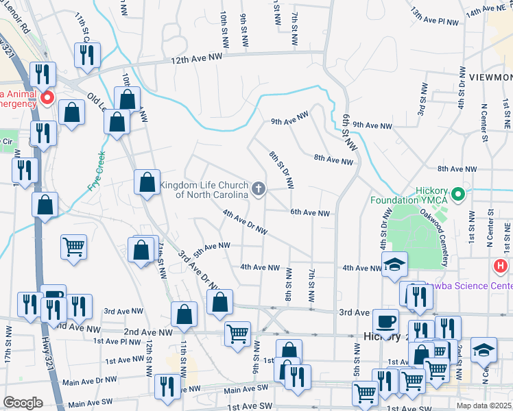 map of restaurants, bars, coffee shops, grocery stores, and more near 932 4th Avenue Drive Northwest in Hickory