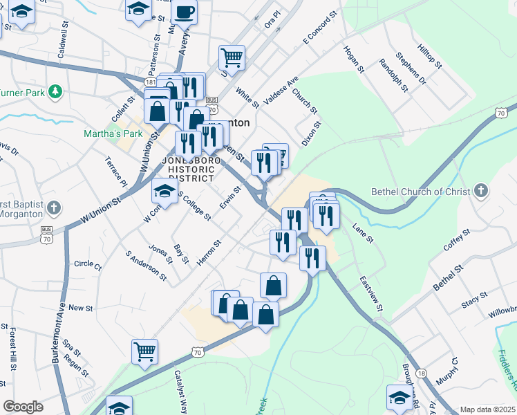 map of restaurants, bars, coffee shops, grocery stores, and more near 510 South Sterling Street in Morganton