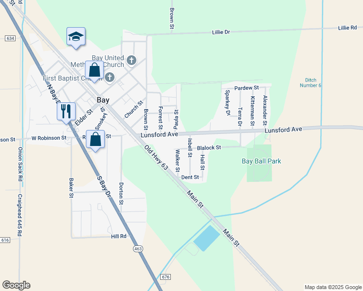 map of restaurants, bars, coffee shops, grocery stores, and more near 203 Isbell Street in Bay
