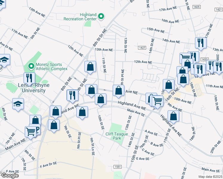 map of restaurants, bars, coffee shops, grocery stores, and more near 911 12th Street Northeast in Hickory