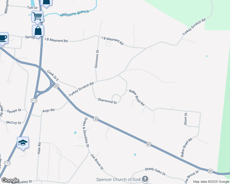 map of restaurants, bars, coffee shops, grocery stores, and more near 263 Friar Tuck Loop in Spencer