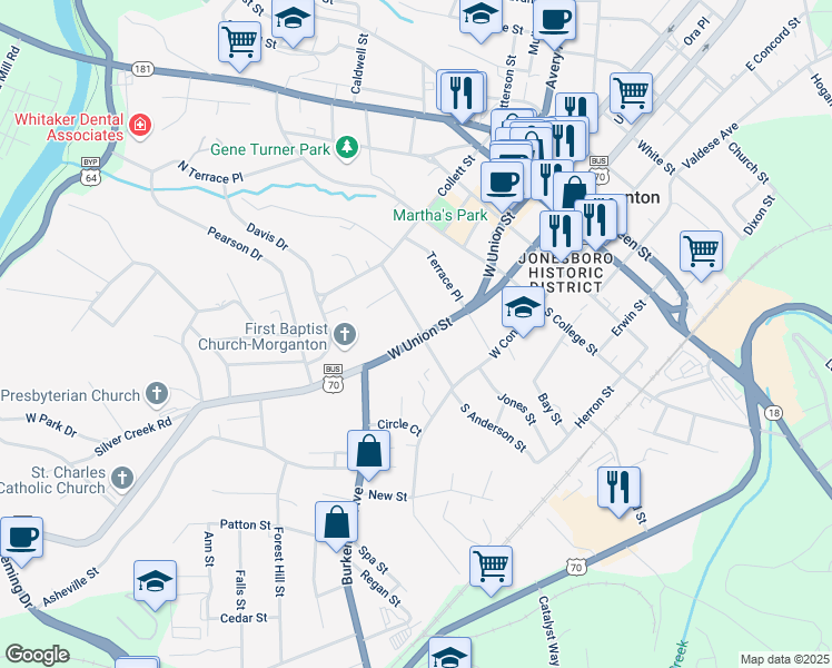 map of restaurants, bars, coffee shops, grocery stores, and more near 410 West Union Street in Morganton