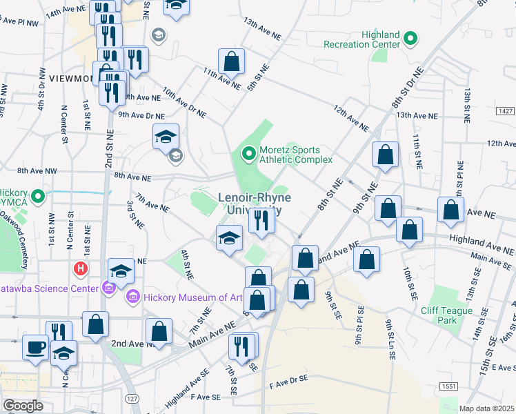 map of restaurants, bars, coffee shops, grocery stores, and more near 601 8th Avenue Northeast in Hickory