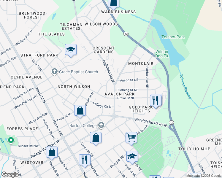 map of restaurants, bars, coffee shops, grocery stores, and more near 1101 Corbett Avenue North in Wilson