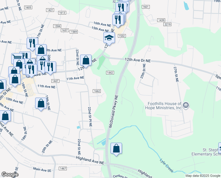 map of restaurants, bars, coffee shops, grocery stores, and more near 2370 11th Ave NE in Hickory