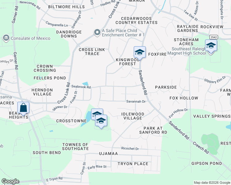 map of restaurants, bars, coffee shops, grocery stores, and more near 1121 Savannah Drive in Raleigh