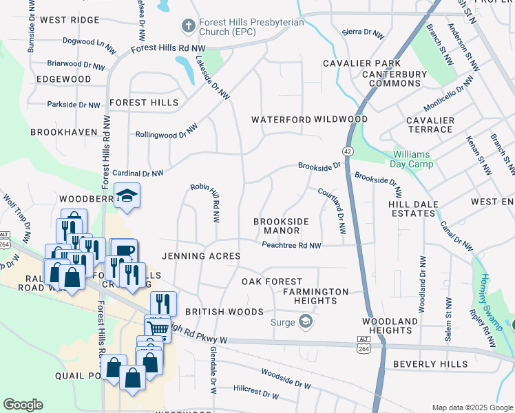 map of restaurants, bars, coffee shops, grocery stores, and more near 1111 Laurel Lane Northwest in Wilson
