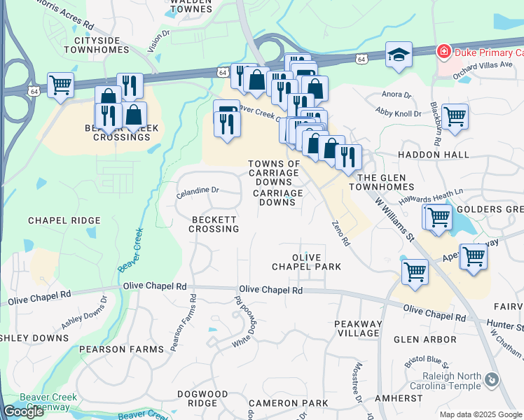 map of restaurants, bars, coffee shops, grocery stores, and more near 220 Kellerhis Drive in Apex