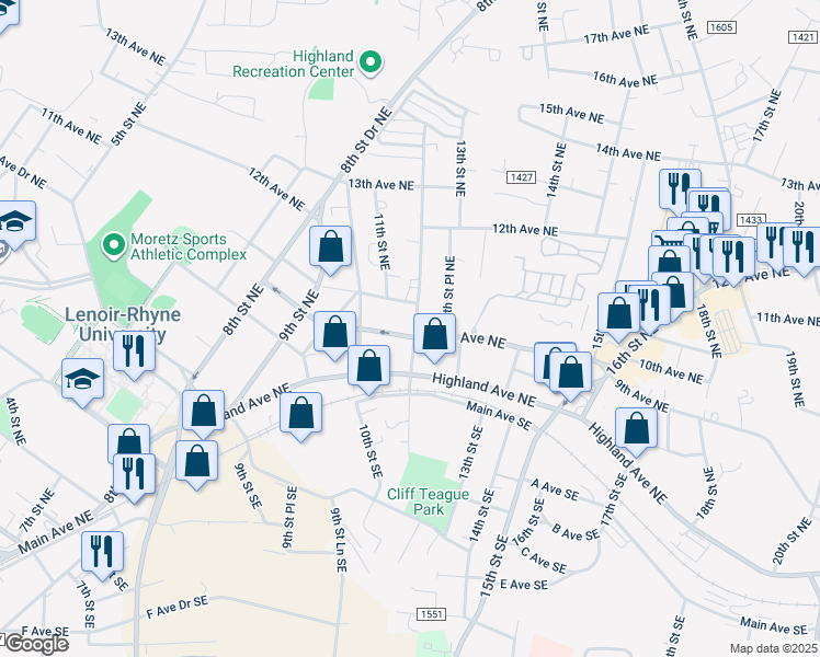 map of restaurants, bars, coffee shops, grocery stores, and more near 911 12th Street Northeast in Hickory
