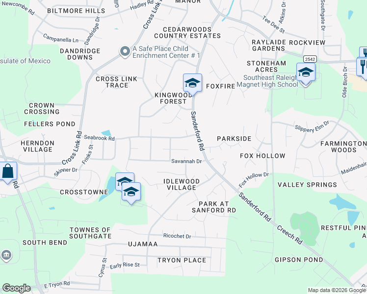 map of restaurants, bars, coffee shops, grocery stores, and more near 1317 Armstrong Circle in Raleigh
