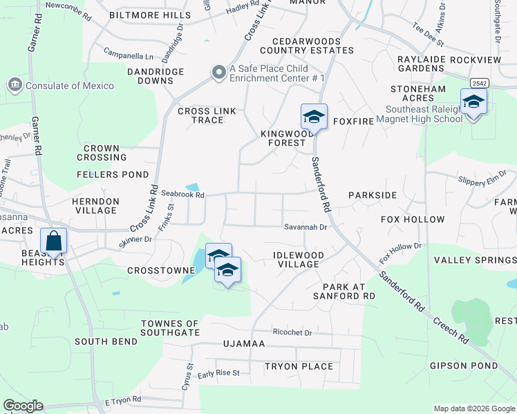map of restaurants, bars, coffee shops, grocery stores, and more near 1121 Savannah Drive in Raleigh