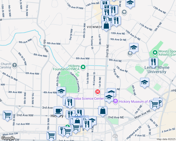 map of restaurants, bars, coffee shops, grocery stores, and more near 567 1st Street Northeast in Hickory