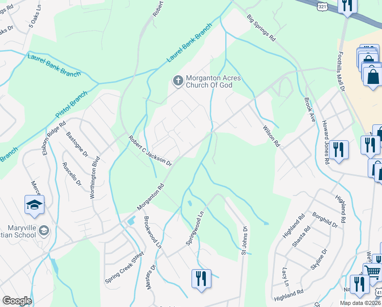 map of restaurants, bars, coffee shops, grocery stores, and more near 2036 Morganton Road in Maryville