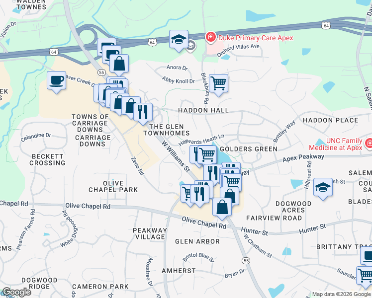 map of restaurants, bars, coffee shops, grocery stores, and more near 113 Wirks Worth Circle in Apex