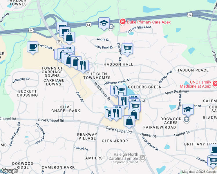 map of restaurants, bars, coffee shops, grocery stores, and more near 113 Wirks Worth Circle in Apex