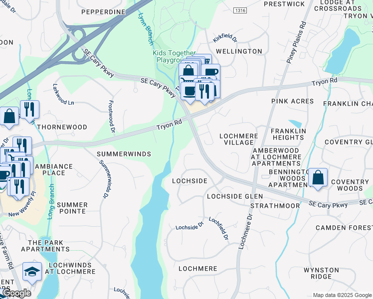 map of restaurants, bars, coffee shops, grocery stores, and more near 109 Headlands Lane in Cary
