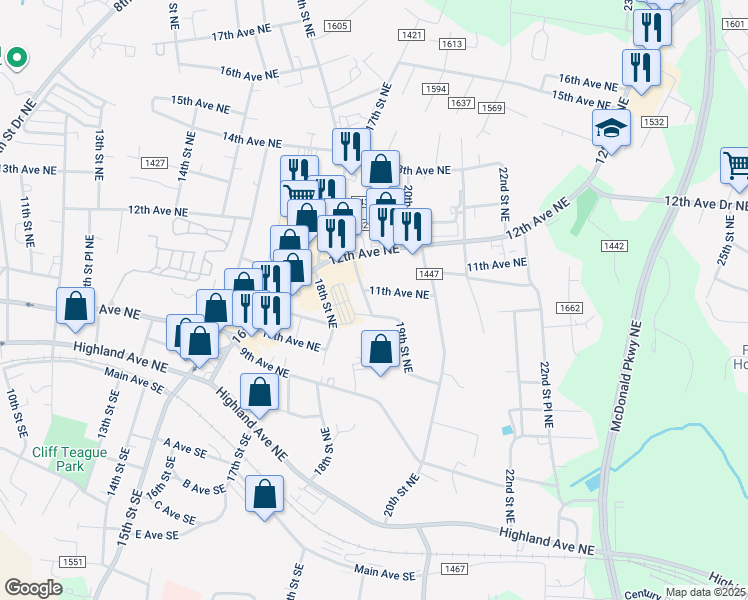 map of restaurants, bars, coffee shops, grocery stores, and more near 1090 18th Street Drive Northeast in Hickory