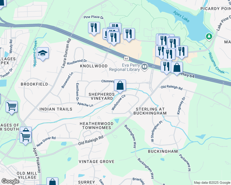 map of restaurants, bars, coffee shops, grocery stores, and more near 1334 Apache Lane in Apex