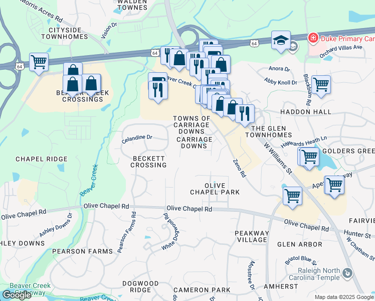 map of restaurants, bars, coffee shops, grocery stores, and more near 301 Rapp Lane in Apex