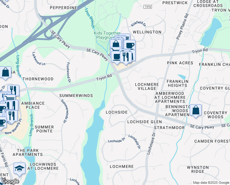 map of restaurants, bars, coffee shops, grocery stores, and more near 109 Headlands Lane in Cary