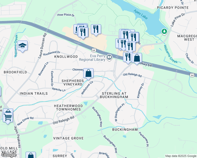 map of restaurants, bars, coffee shops, grocery stores, and more near 1202 Wellstone Circle in Apex
