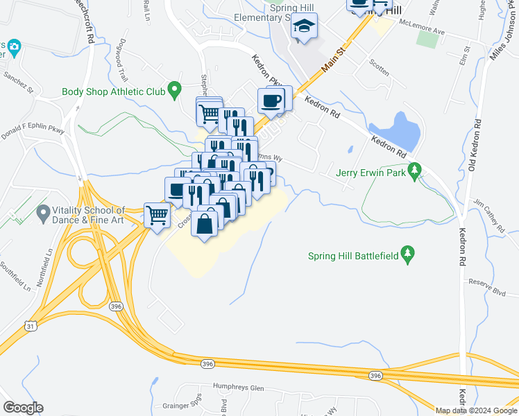 map of restaurants, bars, coffee shops, grocery stores, and more near 1033 Crossings Boulevard in Spring Hill