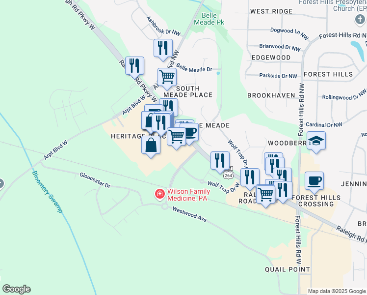 map of restaurants, bars, coffee shops, grocery stores, and more near 3401 Raleigh Road Parkway West in Wilson