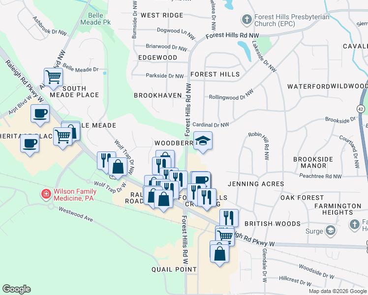 map of restaurants, bars, coffee shops, grocery stores, and more near 1309 Forest Hills Rd NW in Wilson
