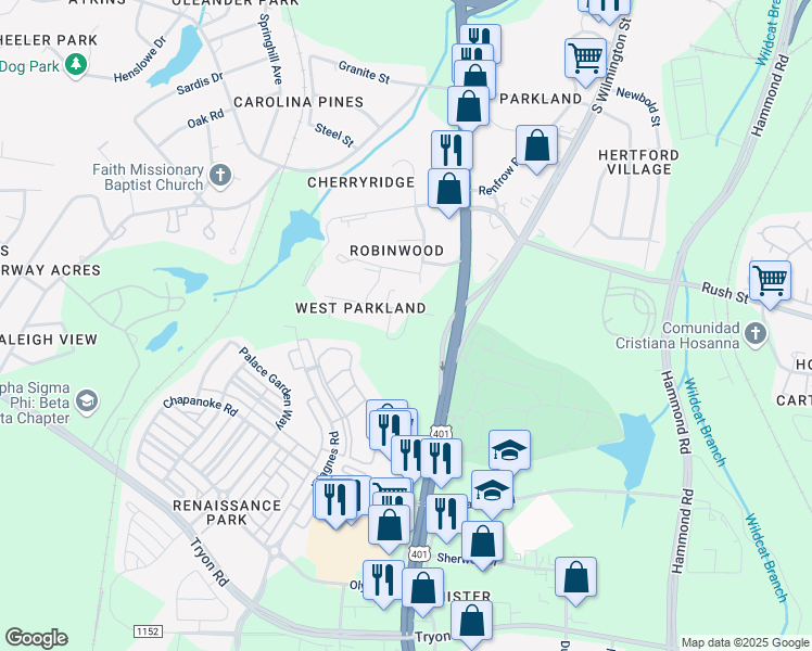 map of restaurants, bars, coffee shops, grocery stores, and more near 5800 Stone Grove Road in Raleigh