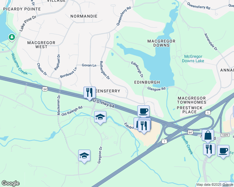 map of restaurants, bars, coffee shops, grocery stores, and more near 1115 Queensferry Road in Cary