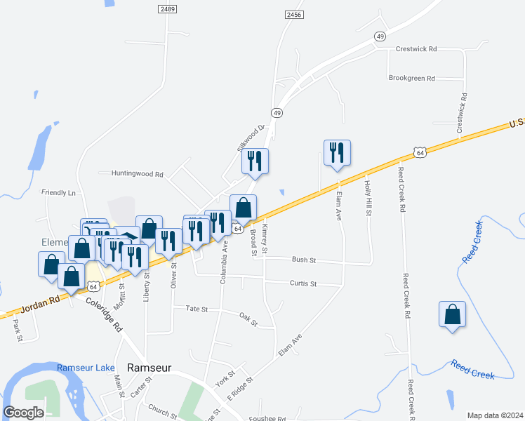 map of restaurants, bars, coffee shops, grocery stores, and more near 7073 Jordan Road in Ramseur