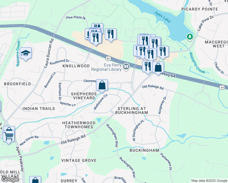 map of restaurants, bars, coffee shops, grocery stores, and more near 1202 Wellstone Circle in Apex