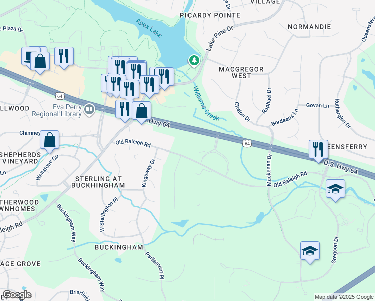 map of restaurants, bars, coffee shops, grocery stores, and more near 3203 Old Raleigh Road in Cary