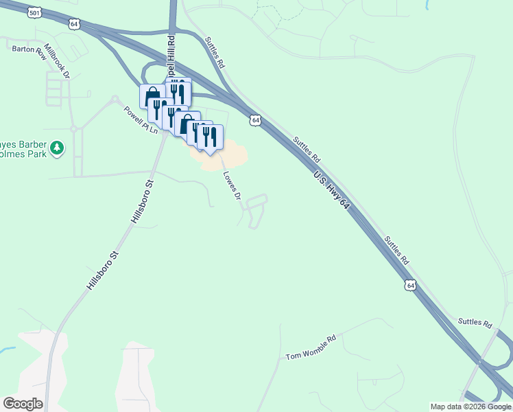 map of restaurants, bars, coffee shops, grocery stores, and more near Winston Way in Pittsboro
