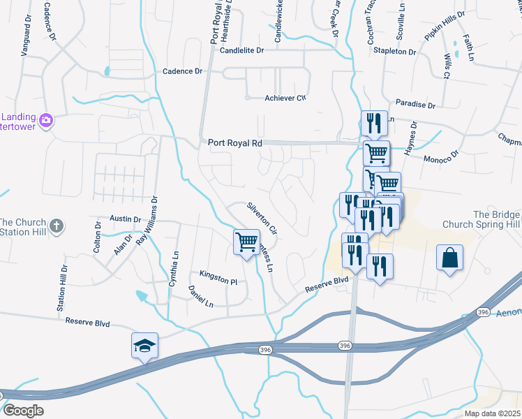 map of restaurants, bars, coffee shops, grocery stores, and more near 2024 Silverton Circle in Spring Hill