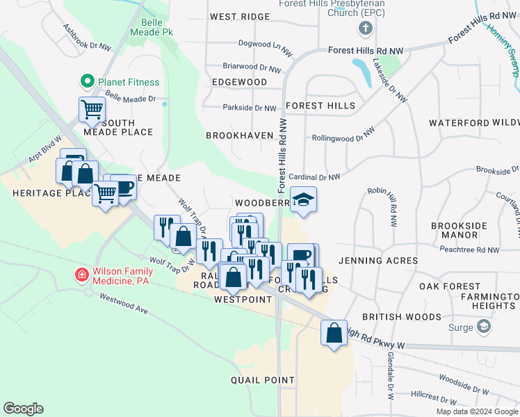map of restaurants, bars, coffee shops, grocery stores, and more near 1311 Forest Hills Road Northwest in Wilson