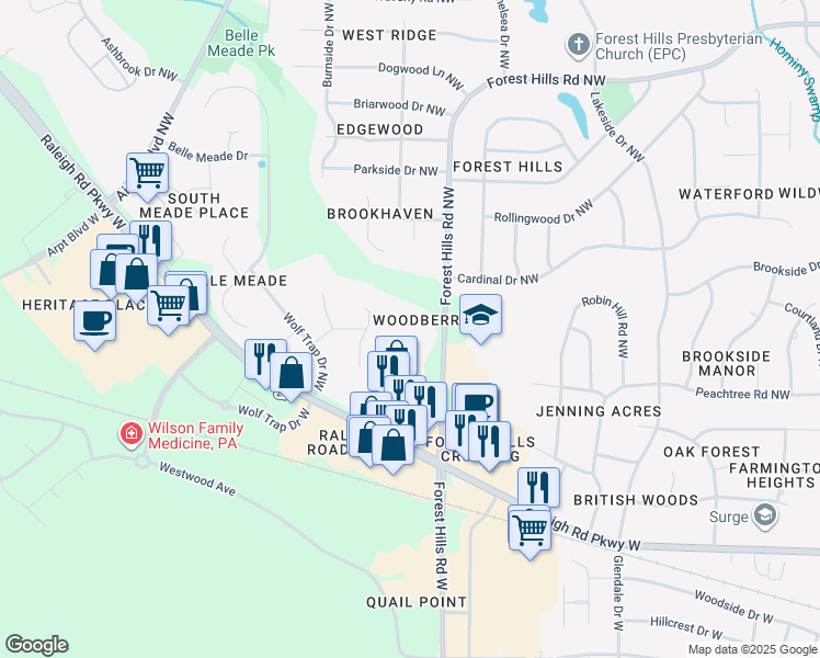 map of restaurants, bars, coffee shops, grocery stores, and more near 1311 Forest Hills Road Northwest in Wilson