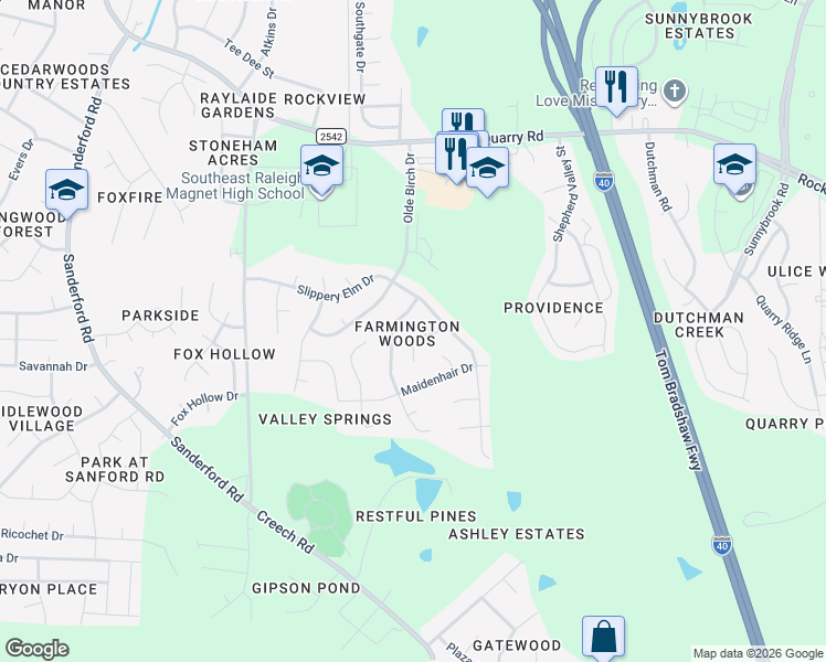 map of restaurants, bars, coffee shops, grocery stores, and more near 3137 Slippery Elm Drive in Raleigh