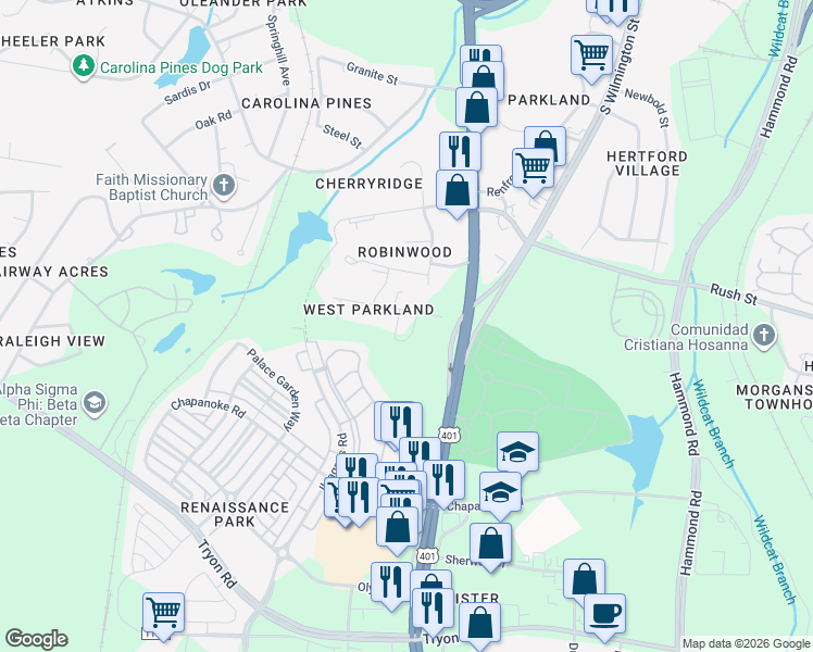 map of restaurants, bars, coffee shops, grocery stores, and more near 516 Peach Road in Raleigh