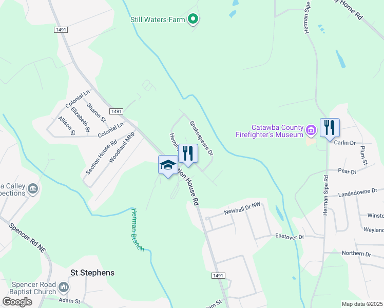 map of restaurants, bars, coffee shops, grocery stores, and more near 1713 Poe Circle in Hickory