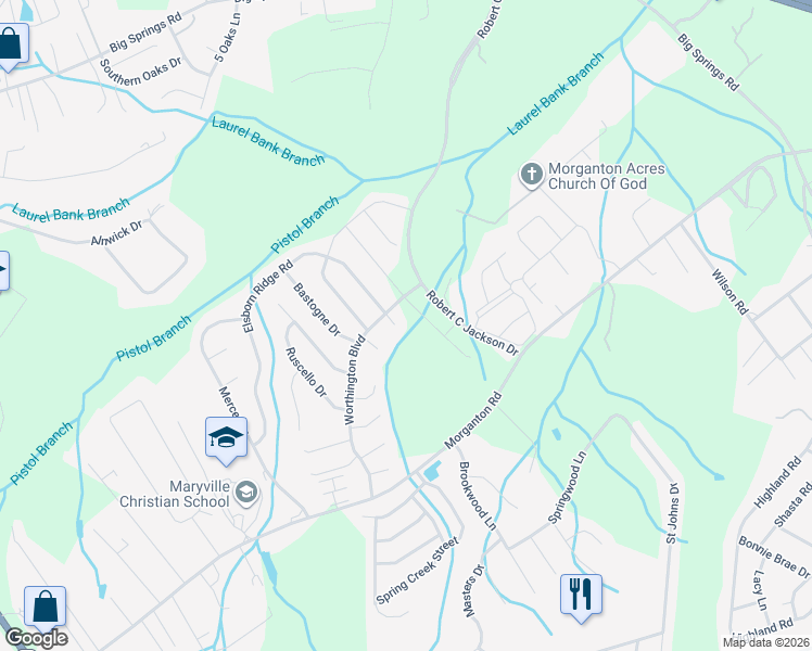 map of restaurants, bars, coffee shops, grocery stores, and more near 1305 Elsborn Ridge Road in Maryville