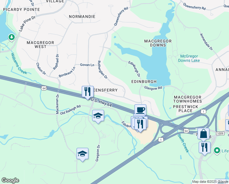 map of restaurants, bars, coffee shops, grocery stores, and more near 1115 Queensferry Road in Cary