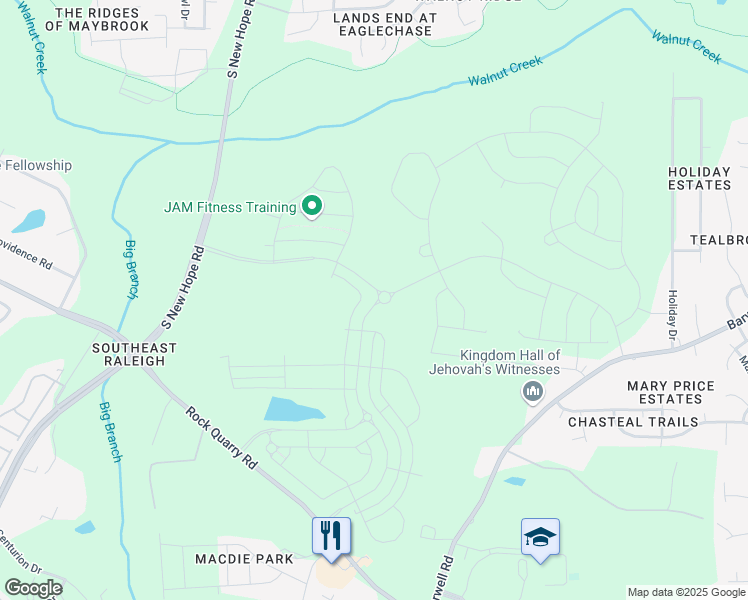 map of restaurants, bars, coffee shops, grocery stores, and more near 5205 Rock Quarry Road in Raleigh