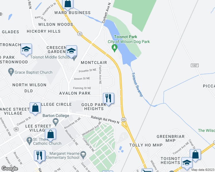 map of restaurants, bars, coffee shops, grocery stores, and more near 412 Fleming Street Northeast in Wilson